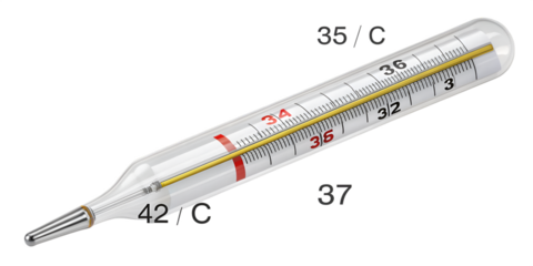 Classic glass mercury thermometer with yellow liquid and Celsius scale temperature