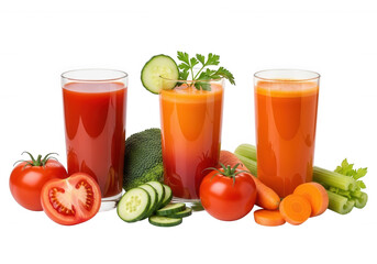 Fresh vegetable juices with ingredients isolated on a transparent background
