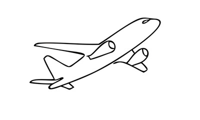 Plane vector illustration with airplane drawing in continuous line style. Airplane icon of passenger jet taking off, symbol of travel, flight, sky, aviation and transportation