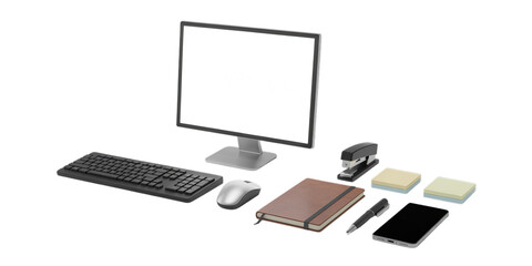 A curated collection of essential modern office supplies and technology, including a computer, keyboard, mouse, smartphone, and stationery, isolated on a white background as a transparent PNG.