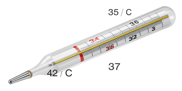 Classic glass mercury thermometer with yellow liquid and Celsius scale temperature