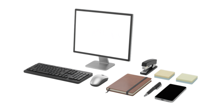 A curated collection of essential modern office supplies and technology, including a computer, keyboard, mouse, smartphone, and stationery, isolated on a white background as a transparent PNG.