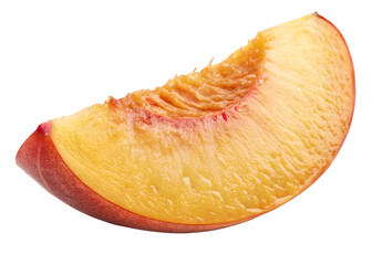 Close up of a ripe peach slice showing texture and color fruit food