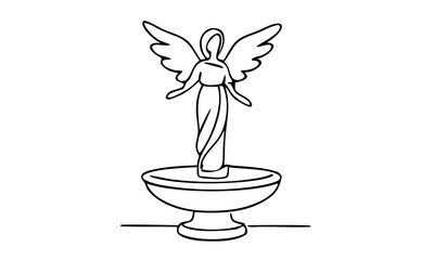 Fountain vector icon with angel sculpture, classic fountain design in line art style. Isolated outline illustration for park, garden, city architecture and decorative urban monument element