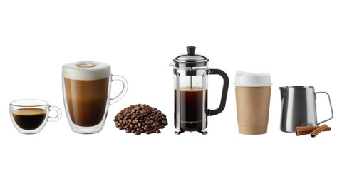 A curated collection showcases various coffee preparations, whole beans, and related accessories on a transparent background, perfect for design projects.