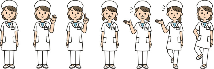 rtoon nurse, female character, medical uniform, healthcare worker, friendly pose, hospital staff, white dress, gesture set, professional look, smiling nurse