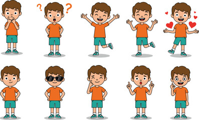 Cartoon boy character showing various emotions and expressions, happy, surprised, thinking, confident, love, idea, educational, flat vector