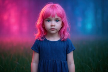 Fototapeta premium Latvia, Kandava, 2025-08-23, Latvijas kauss A young girl with vibrant pink hair stands in a field of purple and blue lights, her eyes wide and curious