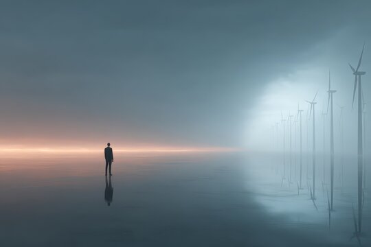 A lone person observes distant wind turbines in a vast misty landscape. - Powered by Adobe