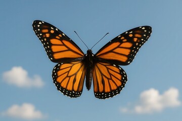 Naklejka premium Latvia, Kandava, 2025-08-23, Latvijas kauss A vibrant monarch butterfly soars against a backdrop of azure skies dotted with fluffy white clouds