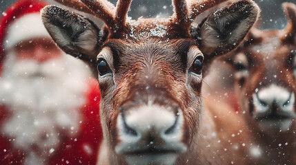Close-up reindeer with Santa Claus in snowy Christmas scene