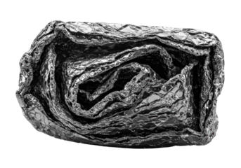 Macro photograph of crumpled metallic foil, torn with sharp edges, micro-creased, dramatically lit with chiaroscuro against a transparent background, concept of intricate tension