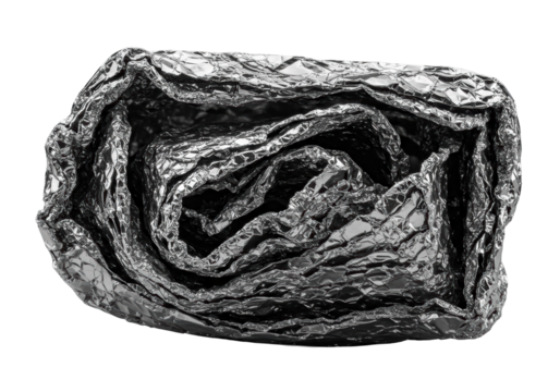 Macro photograph of crumpled metallic foil, torn with sharp edges, micro-creased, dramatically lit with chiaroscuro against a transparent background, concept of intricate tension