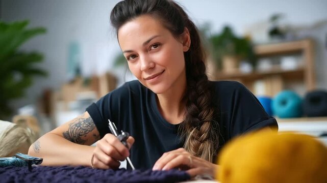 Tattooed woman crafting a rug on a low stool tufting gun humming surrounded by yarn and sketches in a bright workshop rug crafting textile artistry handmade rug creative stud