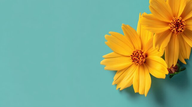 Two vibrant yellow daisy flowers with detailed orange centers are arranged on a serene turquoise background creating a natural composition.