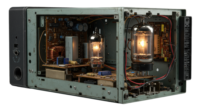 Extreme macro shot of vintage retro CRT television's intricate internal landscape: dusty circuit boards, copper wiring, glowing amber vacuum tube on transparent background, technological complexity