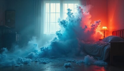 Obraz premium Surreal Bedroom Scene with Blue and Red Smoke Contrasting Against a Window and Bed
