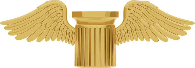 Naklejka premium Golden column with wings, classical architecture, freedom symbol, stylized pillar, feathered wings, elegant design, vertical fluting, soaring ideals, support concept, majestic art