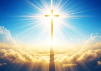 Fototapeta premium Golden cross shines in a sky filled with ethereal clouds