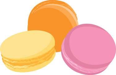 Three colorful macarons in yellow, orange, and pink are arranged together on a white background.