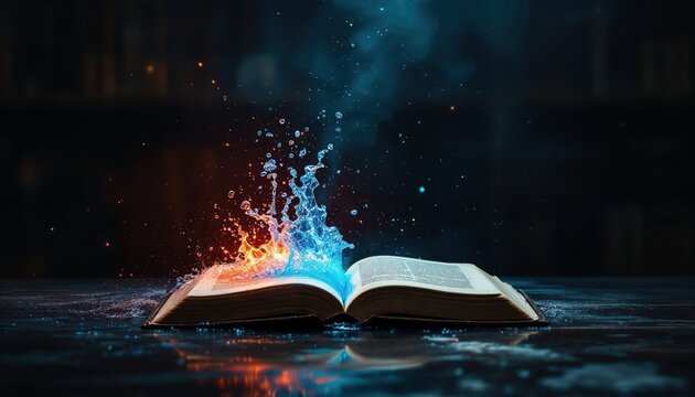 Open Book Splashing with Fiery Orange and Cool Blue Liquid, Creating a Mystical and Dynamic Visual