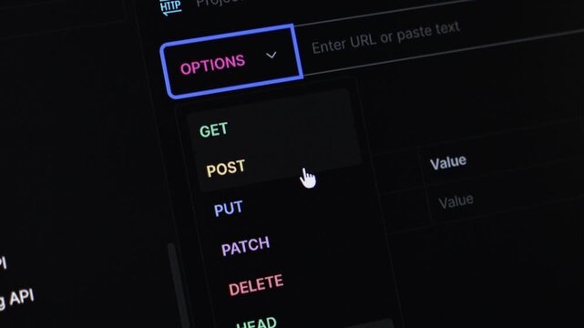 Digital interface with 'OPTIONS' dropdown showing HTTP methods GET, POST, PUT, crucial for web API development, featuring a cursor on POST. Zoom