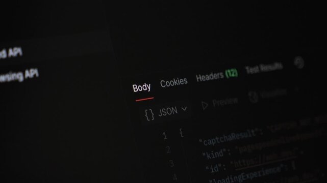 Developer's computer screen showing JSON data within a web browser's developer console, highlighting API data inspection and modern backend programming in software development. Zoom
