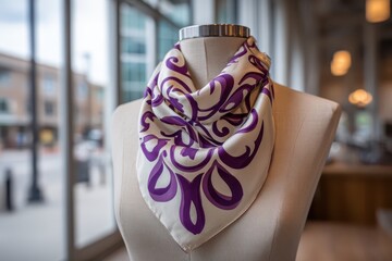 An elegant white silk scarf with intricate purple patterns, showcased on a mannequin bust in a modern setting.