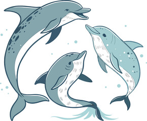 Obraz premium Three Playful Dolphins Swimming Together with Bubbles on a transportation background.