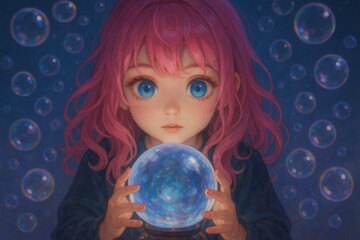 Naklejka premium Latvia, Kandava, 2025-08-23, Latvijas kauss A young girl with vibrant pink hair holds a translucent blue sphere aloft, surrounded by an array of sparkling bubbles in a mystical night sky