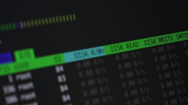 Dark computer screen shows system performance data, including PID USER, IO, and DISK RW metrics, highlighting programming, data management, and cybersecurity operations. Zoom