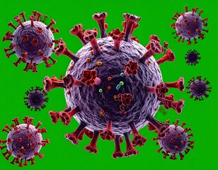 Microscopic representation of viral particles on a vibrant green backdrop
