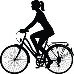 bicycle silhouette, woman cycling, black vector, ponytail rider, bike illustration, outdoor activity, transportation concept, fitness icon, white background, upright posture