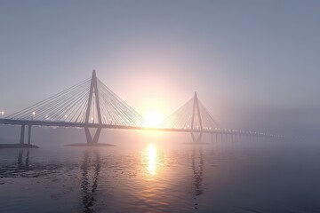 Obraz premium Majestic cable-stayed bridge emerging from dense fog at a vibrant sunrise or sunset.
