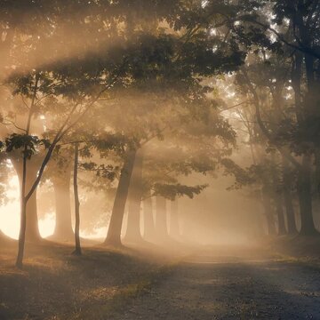 A peaceful morning mist envelops a forest, with soft sunlight filtering through the trees, creating a serene and tranquil natural landscape ideal for relaxation and calm visuals, in 1:1 FullHD, 35mm.