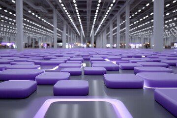 Naklejka premium A futuristic abstract landscape with glowing purple squares in a vast exhibition hall.