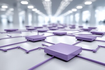 Abstract digital network, purple nodes, connections, data flow, technology.