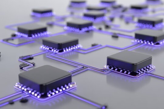 Abstract technological network with glowing purple circuits and processors.