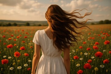 Naklejka premium Latvia, Kandava, 2025-08-23, Latvijas kauss A Lone Woman in a Field of Red Poppies