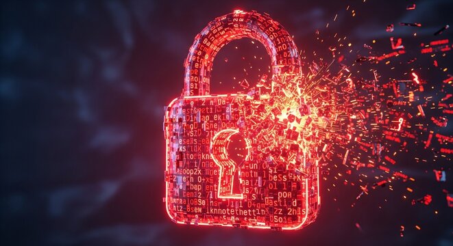 Red padlock made of code fragments breaking apart into neon pieces