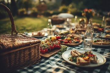 A delightful outdoor picnic spread on a checkered blanket with delicious food