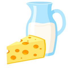 Jar with fresh milk and piece of cheese. Colored flat cartoon vector illustration isolated on white background. Concept of nature, healthy food, farm products, natural milk