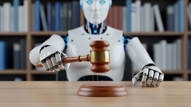 A robotic figure holding a wooden gavel in a library setting with bookshelves in the background