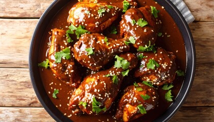 Delicious Mole Poblano Chicken with Mexican Cuisine, Closeup, and Top View.
