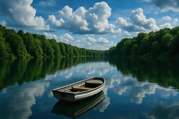 Obraz premium Latvia, Kandava, 2025-08-23, Latvijas kauss A lone boat drifts peacefully under a canopy of clouds