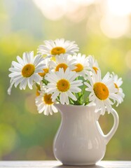 White daisies in a white pitcher on a blurred green and yellow background © Karinacs