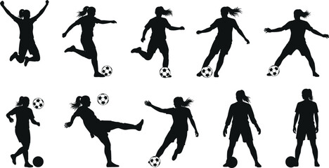 Female soccer silhouettes, women football players, dynamic poses, kicking ball, dribbling, jumping, athletic movement, black icons, white background, sports action