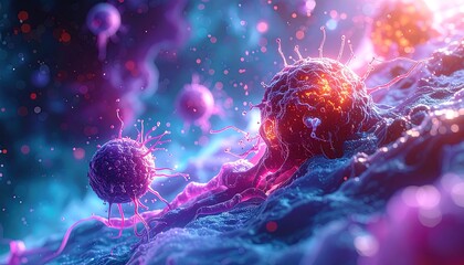 Microscopic view of glowing cells with membrane-like structures