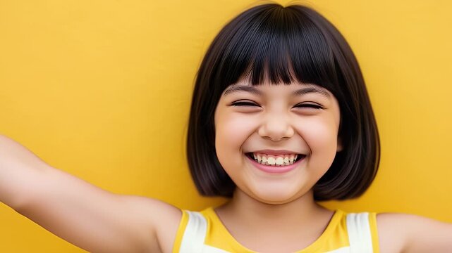 Smiling Asian child with short black hair and yellow outfit against bright yellow background