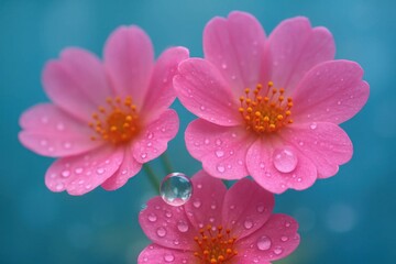 Fototapeta premium Latvia, Kandava, 2025-08-23, Latvijas kauss pink flowers with water droplets glistening in a serene blue backdrop